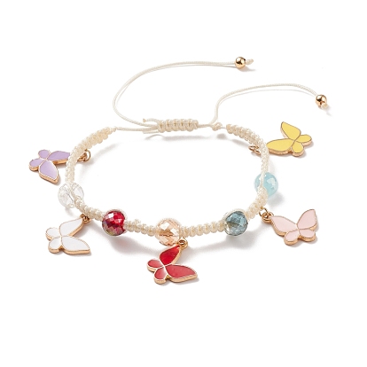 Round Glass Braided Bead Bracelet with Alloy Enamel Butterfly Charm for Women