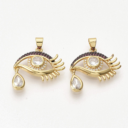 Brass Micro Pave Cubic Zirconia Pendants, Cadmium Free & Lead Free, Eye and Teardrop, Colorful
