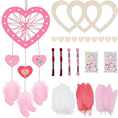 Наборы для изготовления сеток/паутины своими руками с перьями, включая деревянную рамку для венка в форме сердца, гусиное перо, акриловые наклейки горного хрусталя, вышивка мулине