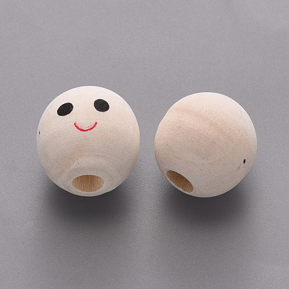 Maple Wood European Beads, Printed, Large Hole Beads, Undyed, Round with Smiling Face