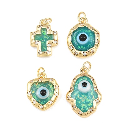 Brass Micro Pave Clear Cubic Zirconia Pendants, with Black Enamel & Dark Cyan Resin, Cross/Round/Heart/Hamsa Hand Charms, Rack Plating, Long-Lasting Plated, Lead Free & Cadmium Free