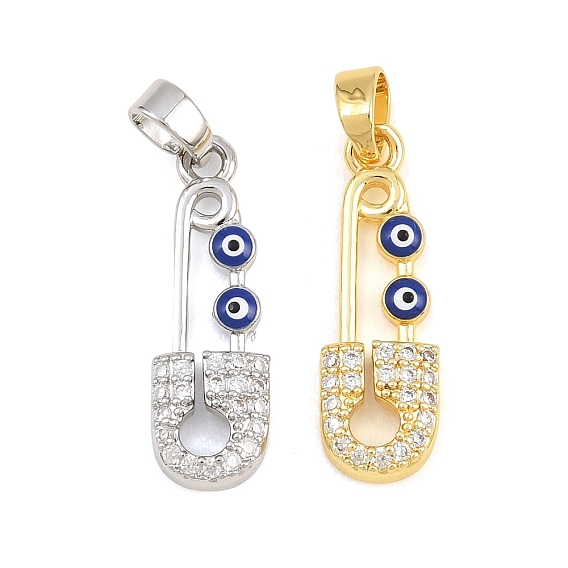 Brass Micro Pave Clear Cubic Zirconia Pendants, with Blue Enamel, Safety Pin with Evil Eye Charms