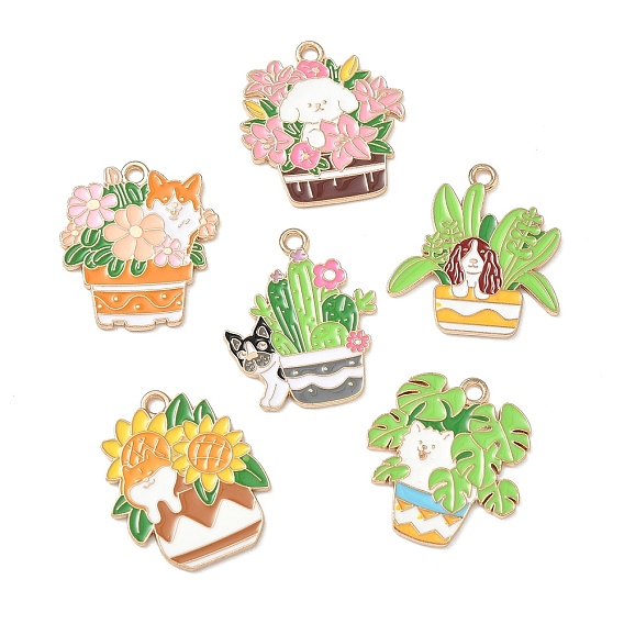 Небольшое растение в горшке с подвесками из эмалевого сплава в виде собаки, золотые