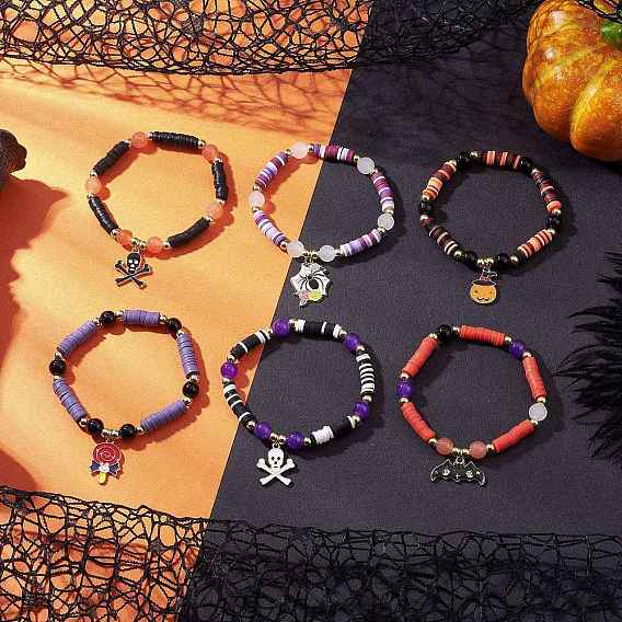 6шт. наборы браслетов ручной работы из полимерной глины с бусинами на тему Хэллоуина, сплав эмали шарм браслеты