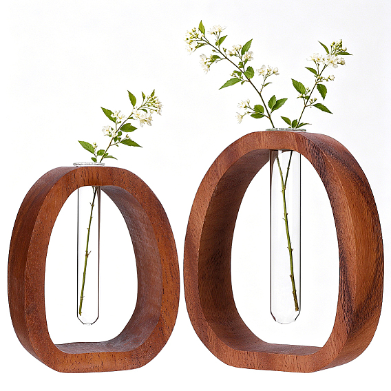 Wooden Frame & Glass Tube Vase, for Hydroponic Plants, Home Office Tabletop Decoration