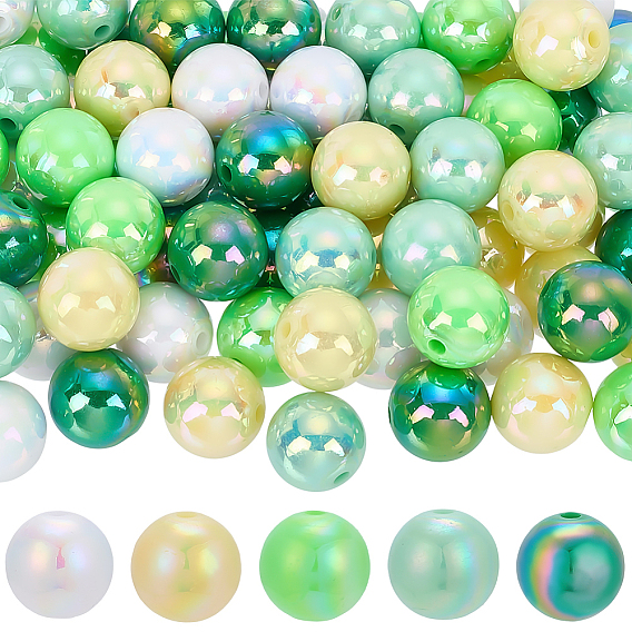 100Pcs 5 Colors UV Plating Opaque Acrylic Beads, Iridescent, Round