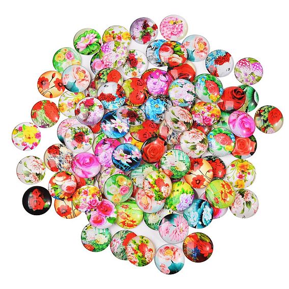 Flower Printed Glass Cabochons, Half Round/Dome