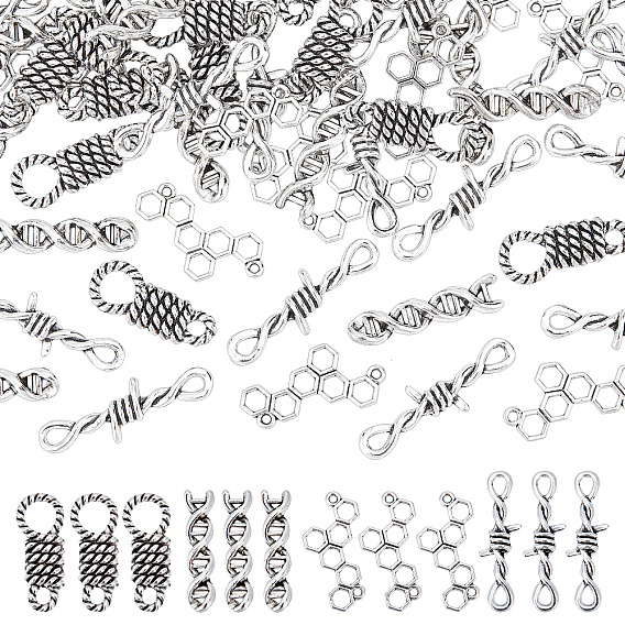 80Ppcs 4 Style  Tibetan Style Alloy Links connectors, Cadmium Free & Lead Free, Atom & String & Knot & Honeycomb