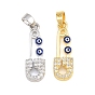 Brass Micro Pave Clear Cubic Zirconia Pendants, with Blue Enamel, Safety Pin with Evil Eye Charms