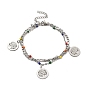 Colorful Enamel Beaded & Figaro Chains Double Layer Multi-strand Bracelet, 304 Stainless Steel Charms Bracelet for Women, Stainless Steel Color