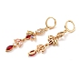 Rack Plating Golden Brass Dangle Leverback Earrings, with Cubic Zirconia, Leaf