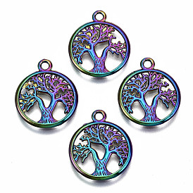 Rainbow Color Alloy Pendants, Cadmium Free & Lead Free, Flat Round with Tree of Life