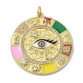 Brass Clear Cubic Zirconia Enamel Pendants, with Jump Ring, Long-Lasting Plated, Lead Free & Cadmium Free, Flat Round with Eye Pattern