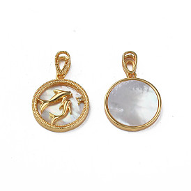 Brass Micro Pave Clear Cubic Zirconia Pendants, with  Natural Shell, Real 18K Gold Plated, Nickel Free, Flat Round with Fish