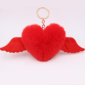 Porte-clés en peluche en forme de coeur avec ailes et pompon, joli cadeau pour les filles et les voitures