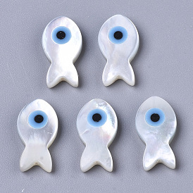 Natural White Shell Mother of Pearl Shell Beads, with Synthetic Turquoise, Fish with Evil Eye
