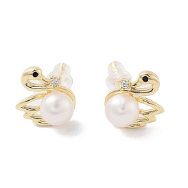 Natural Pearl Swan Stud Earrings, Brass Micro Pave Cubic Zirconia Earrings with 925 Sterling Silver Pins