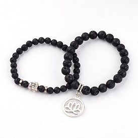 Flat Round with Lotus Natural Lava Rock Beaded Charm Bracelet Sets, with Tibetan Style Alloy Beads, 53~56mm