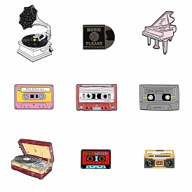 Music Theme Enamel Pins, Alloy Brooch, Vinyl Record Player/Cassette/Piano