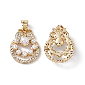 Brass Micro Pave Cubic Zirconia Pendants, with ABS Imitation Pearl, Wreath Charm