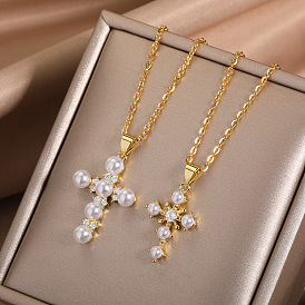 Minimalist Cross Pendant Necklace with Zirconia and Pearl Accent - Ethnic Religious Jewelry
