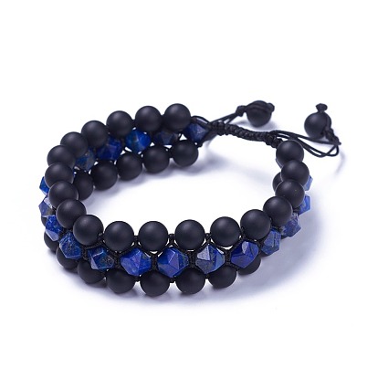 Adjustable Natural Gemstone Braided Bead Bracelets, with Frosted Natural Black Agate Beads and Nylon Cord
