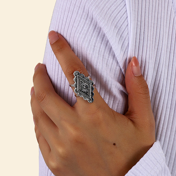 Сплав манжеты кольца, ромб с гравированным цветочным узором