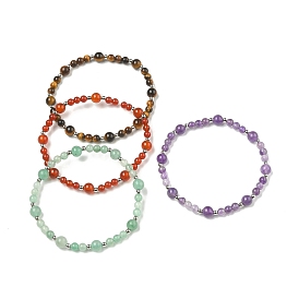 4Pcs 4 Style Natural Mixed Gemstone Round Beaded Stretch Bracelets Set
