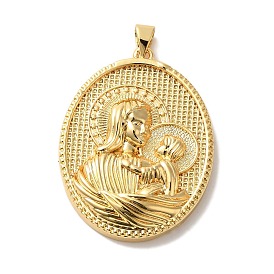 Rack Plating Brass Pendants, Cadmium Free & Lead Free, Long-Lasting Plated, Oval with Mary Baby Jesus