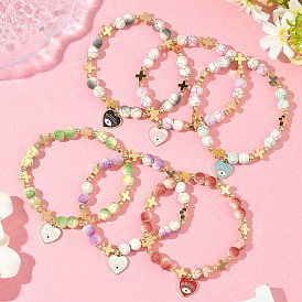 Браслеты с подвесками в виде сердца с глазом из сплава и эмали, Комплект из синтетических браслетов с бирюзой и латунными бусинами, окрашенных в запекаемый цвет, для женщин