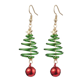 Aluminum Wire Wrapped Christmas Tree Dangle Earrings, Brass Bell Earrings for Women