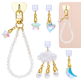 5 Lot de bouchons anti-poussière en PVC pour téléphone portable et support de téléphone en fer, avec pendentifs en verre et acrylique