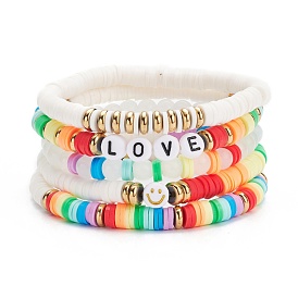 Handmade Polymer Clay Heishi Beads Stretch Bracelets Set, Glass Round Beads Bracelets, Smiling Face Love Word Acrylic Beads Bracelets for Women