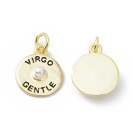 Rack Plating Brass Enamel Pendants, with Plastic Imitation Pearl, Long-Lasting Plated, Lead Free & Cadmium Free, Flat Round with Word VIRGO GENTLE Charm