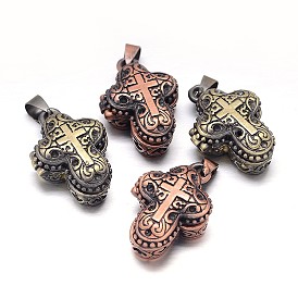 Carved Cross Rack Plating Brass Prayer Box Pendants, Wish Box, with Magnetic Material, Nickel Free, 27x18x10mm, Hole: 5x3mm