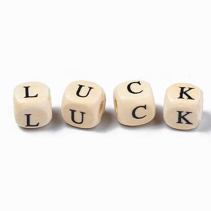 Natural Maple Wood Printed Beads, Horizontal Hole, Cube with Initial Letter, Blanched Almond