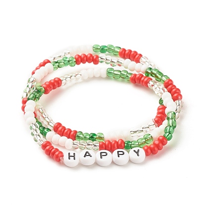3Pcs 3 Style Glass Seed Stretch Bracelets Set with Word Happy Acrylic Beads for Women