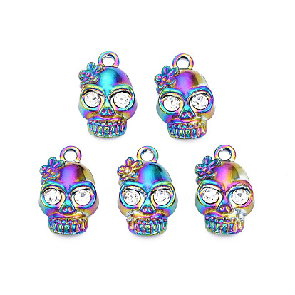 Rainbow Color Alloy Pendant Rhinestone Settings, with Crystal Rhinestone, Cadmium Free & Lead Free, Skull