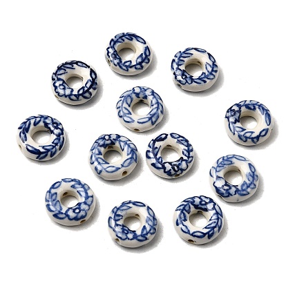 Фарфоровые бусины ручной работы, плоский круглый с пшеничным узором, белый и голубой фарфор