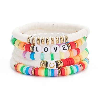 Handmade Polymer Clay Heishi Beads Stretch Bracelets Set, Glass Round Beads Bracelets, Smiling Face Love Word Acrylic Beads Bracelets for Women