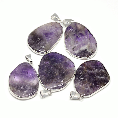 Natural Amethyst Pendants, with Iron Findings, Nuggets, Platinum