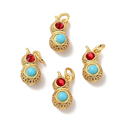 Rack Plating Brass Pendants, Peanut Charm, with Turquoise Resin & Red Acrylic Rhinestone Beads, Long-Lasting Plated, Cadmium Free & Lead Free
