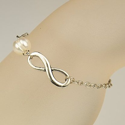 Fashion Tibetan Style Infinity Link Bracelets, Iron Chains with Grade A Pearl Beads and Alloy Lobster Claw Clasps, 200mm