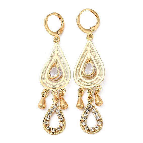 Brass Teardrop Chandelier Earrings with Rhinestone, Glass Drop Earrings for Women