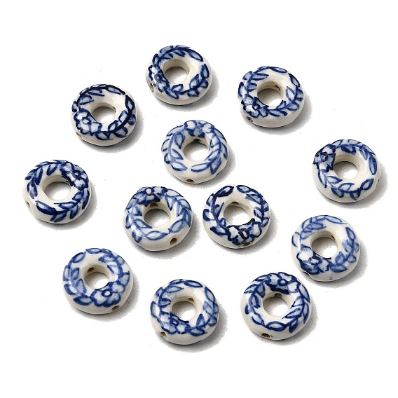 Фарфоровые бусины ручной работы, плоский круглый с пшеничным узором, белый и голубой фарфор