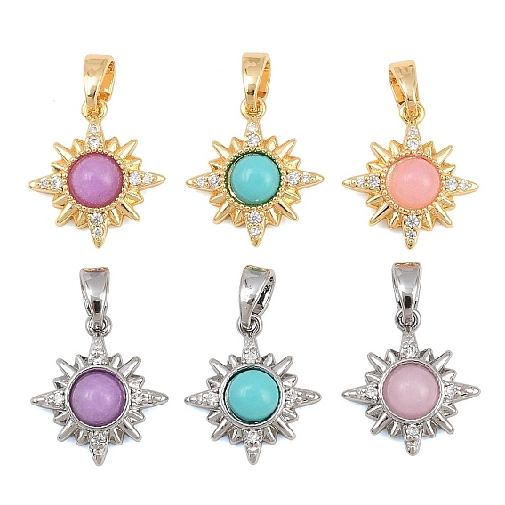 Brass Micro Pave Clear Cubic Zirconia with Gemstone Pendants, Star Charms
