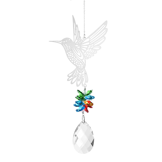 Teardrop Glass Hanging Suncatcher Pendant Decoration, Crystal Ceiling Chandelier Ball Prism Pendants, with Stainless Steel Findings, Bird Pattern