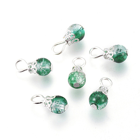 Baking Paint Crackle Glass Beads Charms, with Iron Bead Caps and Iron Head Pins, Round