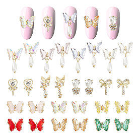 CRASPIRE 28Pcs 14 Style Alloy Cabochons, with Resin Imitation Pearl Beads & Glass & Rhinestone, Nail Art Decoration Accessories, Bowknot & Butterfly & Heart
