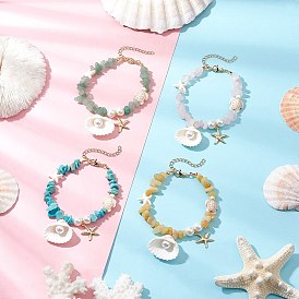 4шт. браслеты с подвесками из натурального топаза, нефрита, зеленого авантюрина, розового кварца и синтетической бирюзы, ракушка, морская звезда и черепаха